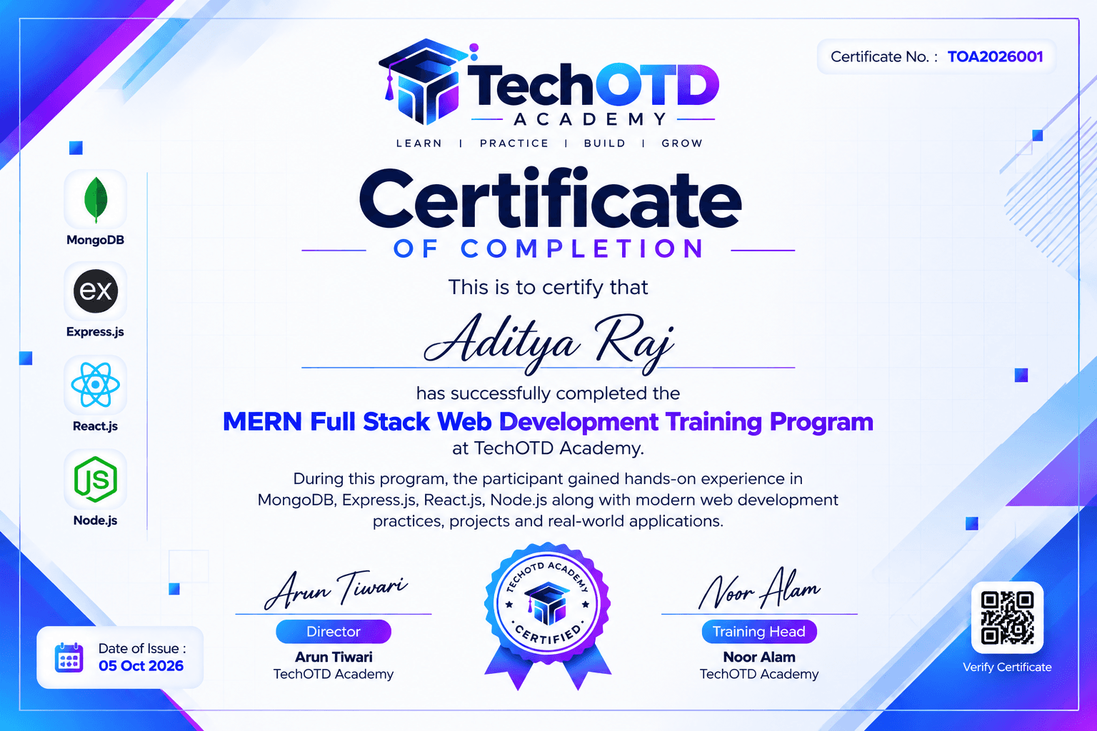 Sample TechOTD Academy Certificate of Completion showing certificate number, signatures, seal and QR code